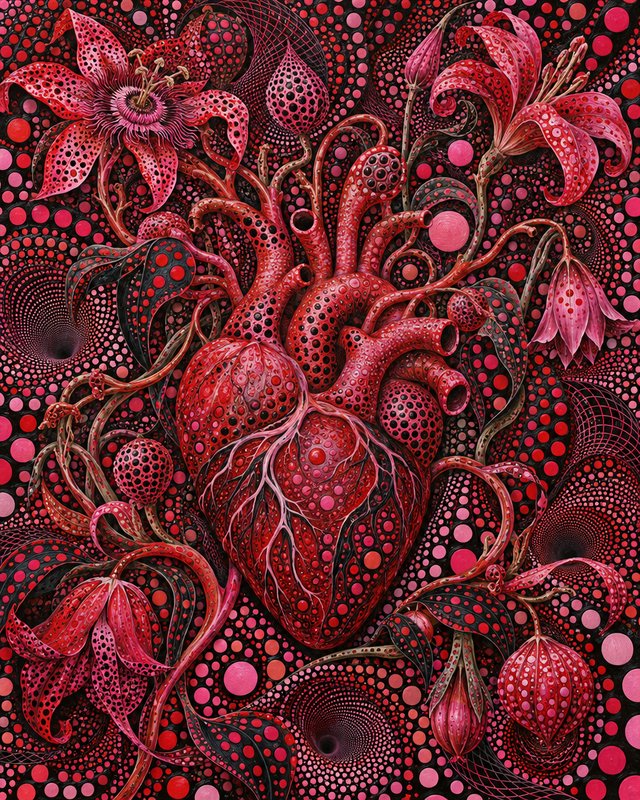 Intricate dotted anatomical heart surrounded by surreal flowering vines on a dark patterned backg...