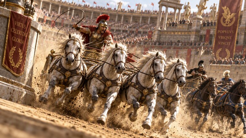 Roman charioteer drives a four-horse chariot at full speed during an intense Colosseum race