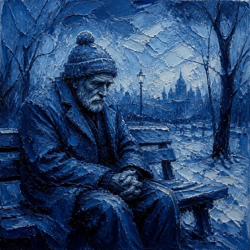 Pensive elderly bearded man in a knit hat sits alone on a snowy park bench in a monochrome blue i...