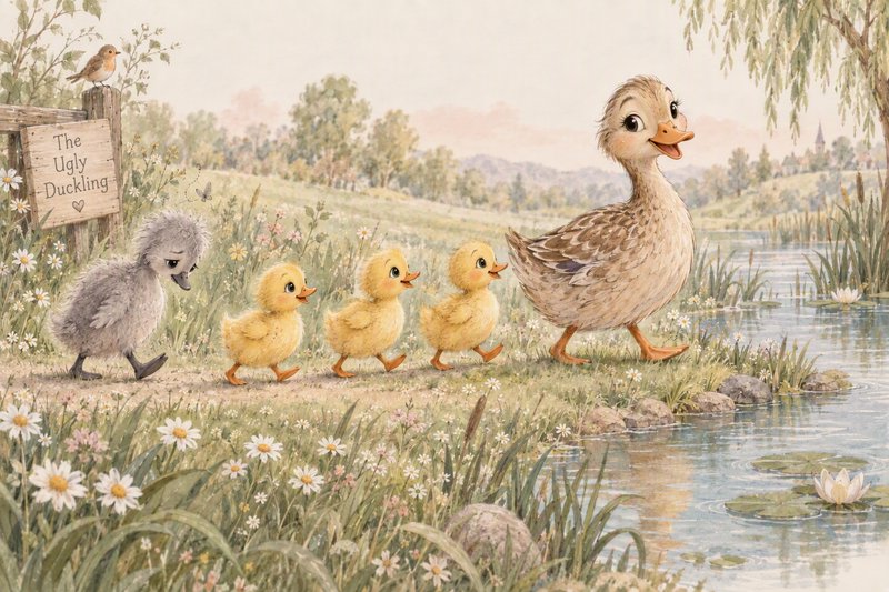 Sad gray ugly duckling trails a line of duck family along a wildflower lined pond path