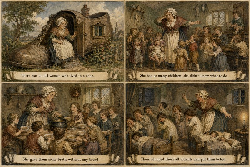 Four sequential panel vintage illustration of the Old Woman Who Lived in a Shoe nursery rhyme