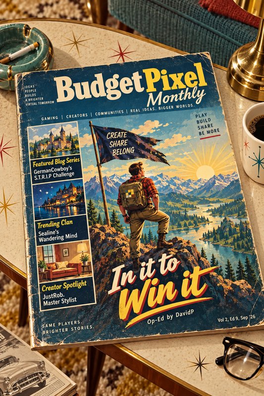 Vintage retro Budget Pixel Monthly gaming magazine resting on a midcentury starburst side table with coffee and reading
