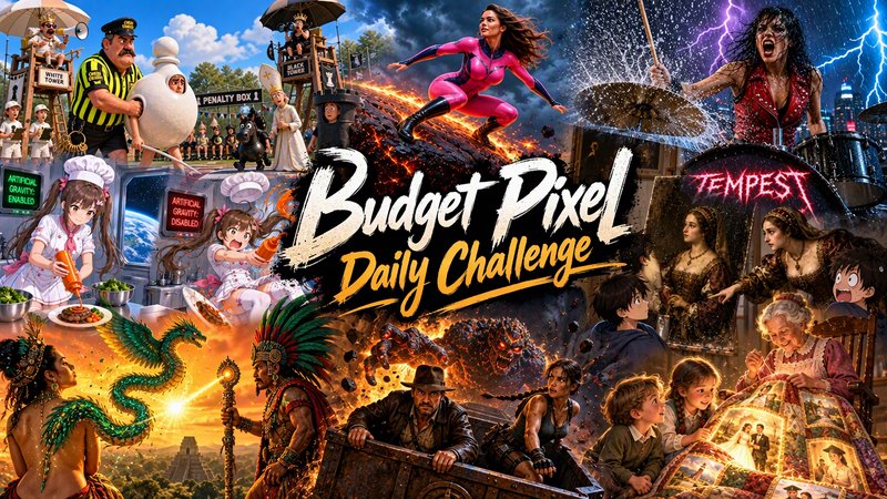 Maximalist chaotic collage of diverse fantasy, anime, and pop culture scenes overlaid with Budget Pixel Daily Challenge title