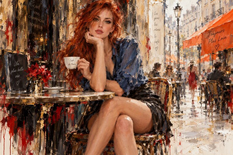 Red-haired woman holds a coffee cup while seated at a bustling Parisian sidewalk cafe in an impressionist painting