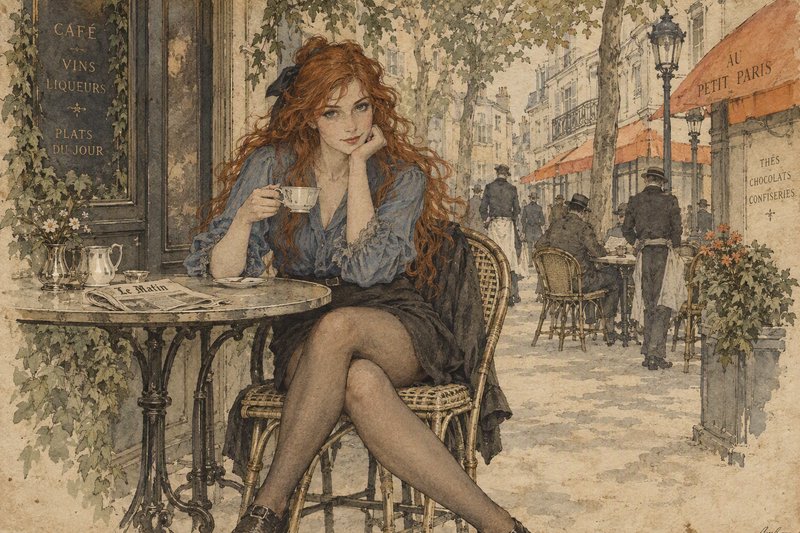 Curly red haired woman sits at a vintage Parisian sidewalk cafe holding a teacup, looking toward the viewer