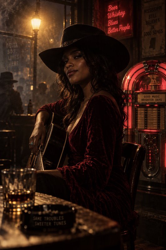 Woman in a wide black cowboy hat holding an acoustic guitar in a dim vintage blues bar