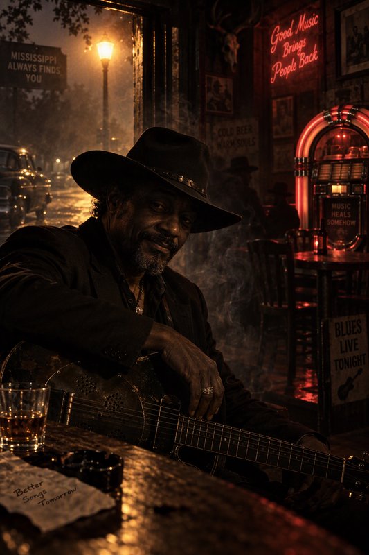Seasoned blues musician holding a resonator guitar sits at a dim vintage Mississippi bar on a rainy night