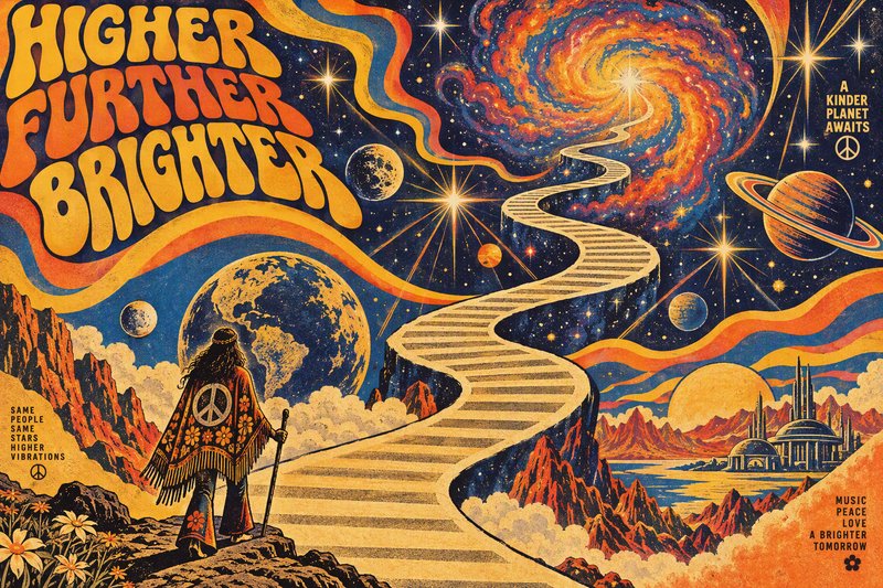Retro 70s psychedelic art of a hippie standing before a winding stairway leading into a vibrant cosmic galaxy