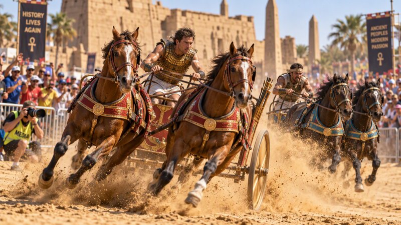 Chariot racers compete on a sandy track before an ancient Egyptian temple as crowds cheer