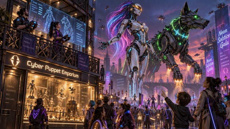 Giant glowing mech puppets hover over a crowded cyberpunk city street at a dusk festival