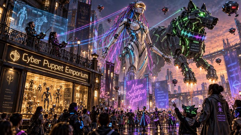 Giant humanoid cybernetic puppet and mechanical wolf perform for crowds at a neon cyberpunk street gala at sunset