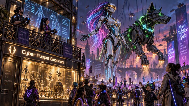 Operators control giant floating robotic puppets during a neon cyberpunk city festival at sunset