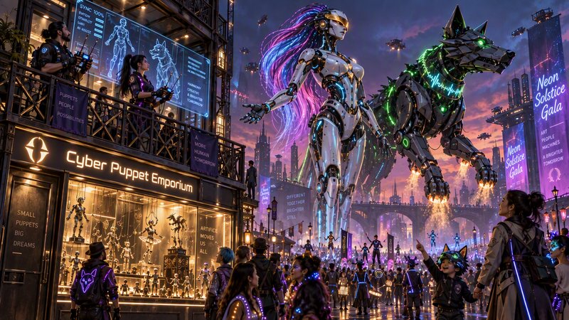 Giant glowing cybernetic android and mechanical wolf hover over a crowded futuristic cyberpunk city street at sunset