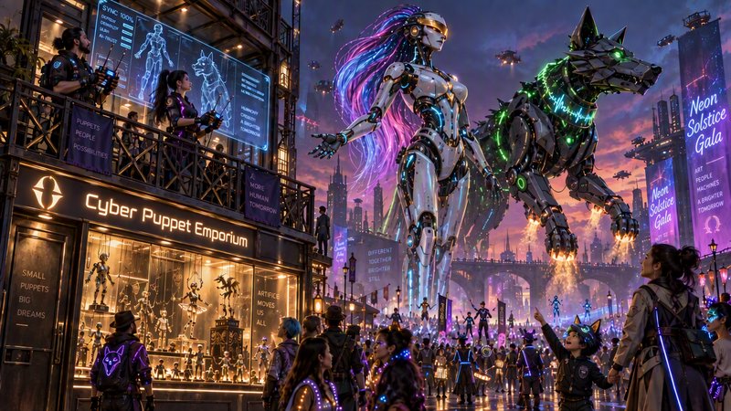 Giant cybernetic humanoid robot and mechanical wolf hover over a crowded neon cyberpunk city festival at dusk