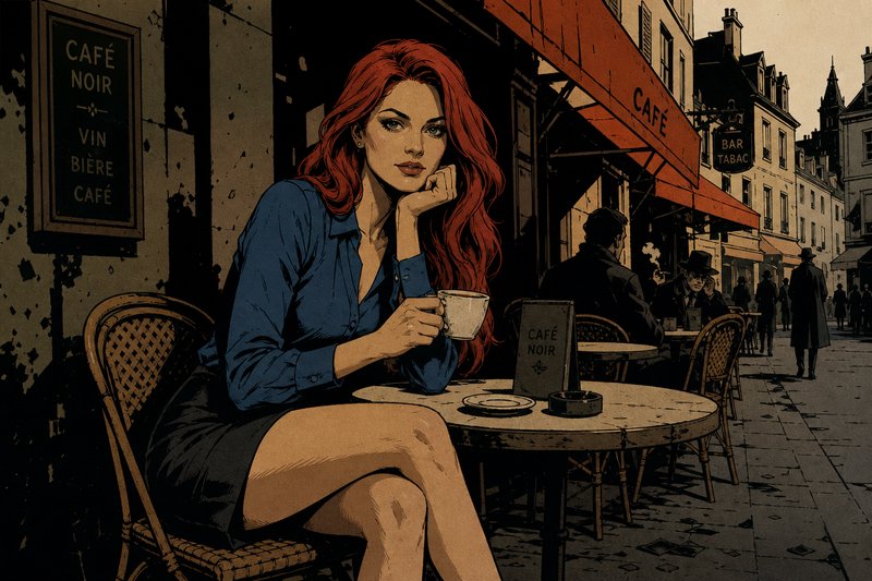 Elegant red-haired woman sitting at a Parisian sidewalk cafe holding a coffee cup in retro comic style