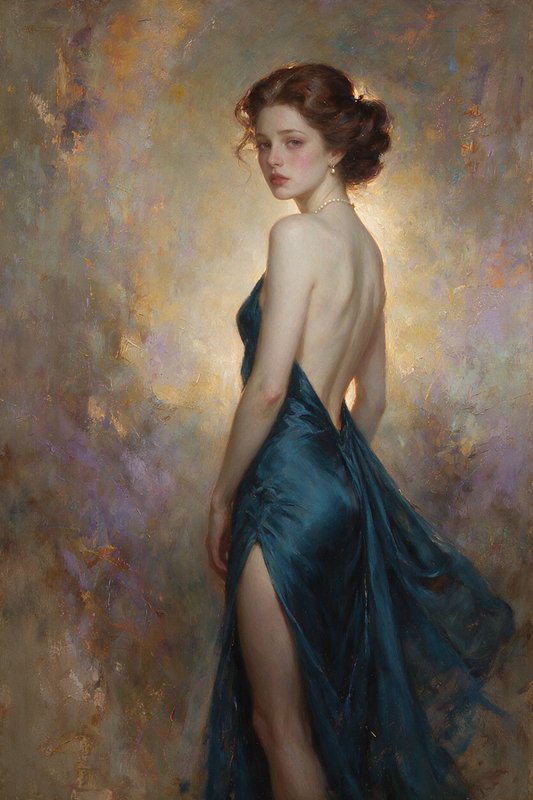 Elegant woman in a backless teal gown glances over her shoulder in a classical oil portrait