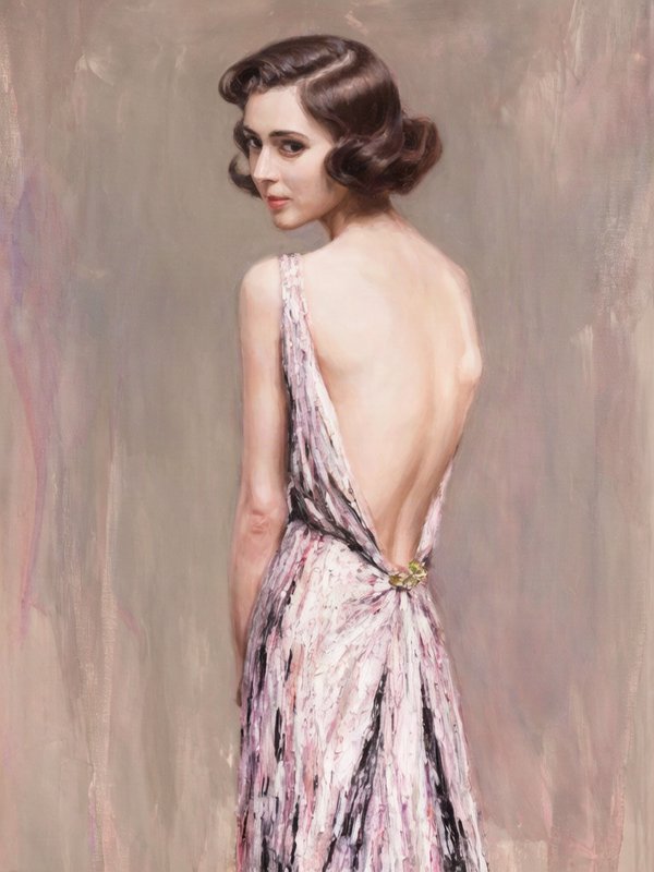 Painterly portrait of an elegant 1930s woman glancing over her shoulder in a low-back evening gown