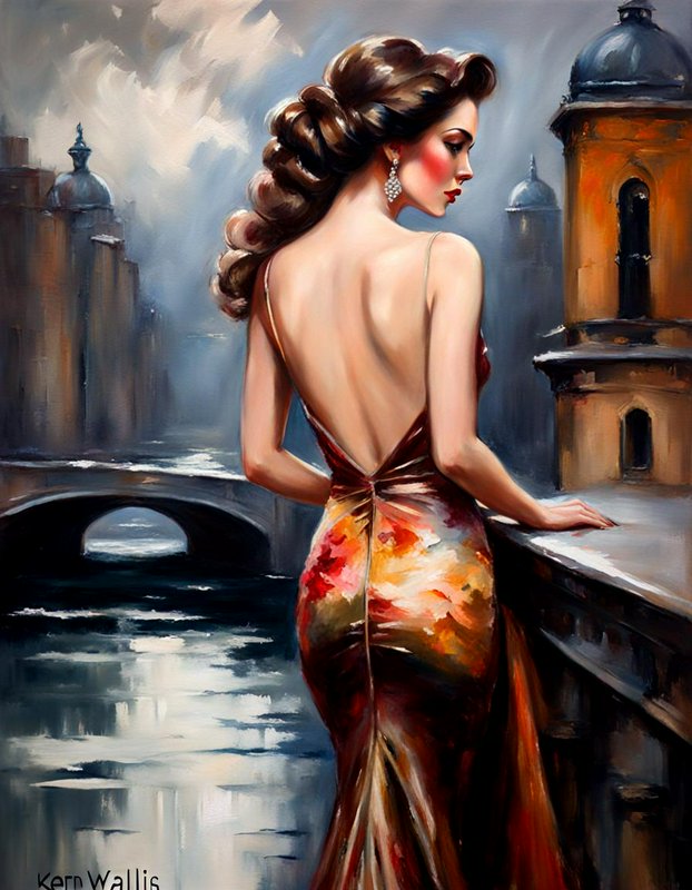 Elegant woman in a backless gown gazing over a misty European canal cityscape from a balcony