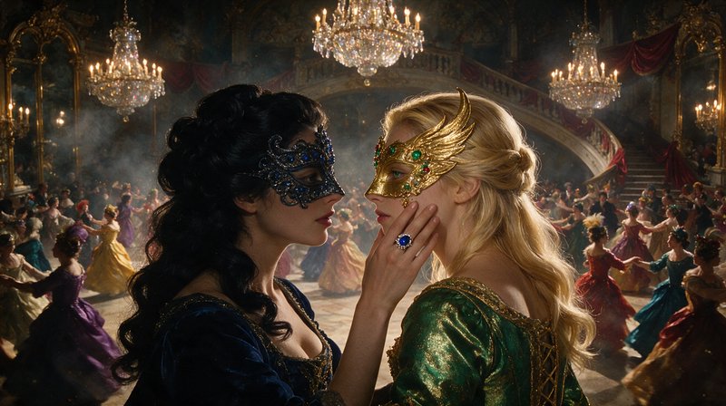 Two masked women share an intimate tender moment at a lavish grand masquerade ball