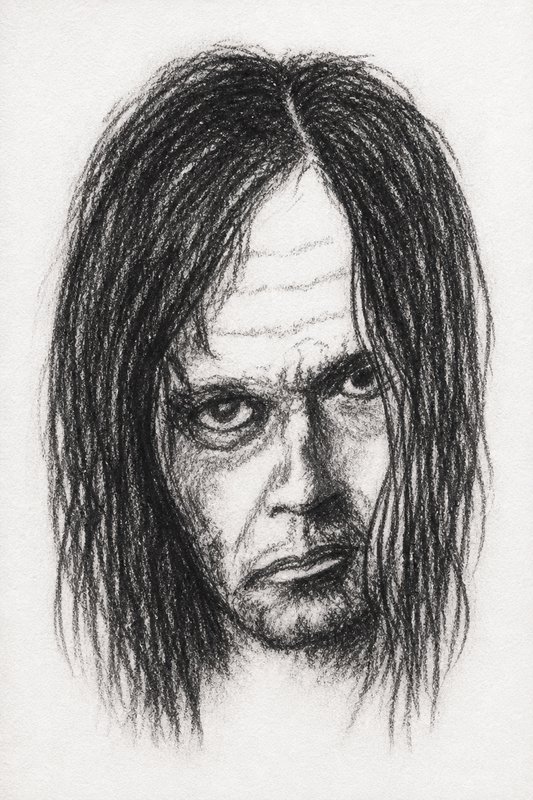 Pencil sketch portrait of a stern brooding man with long straight hair staring directly at the viewer
