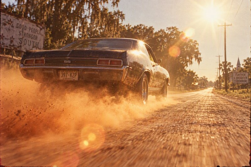 Classic Chevrolet SS muscle car kicking up dust on a rural southern dirt road at golden hour