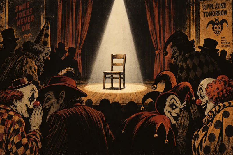 Empty wooden chair under stage spotlight surrounded by sinister grinning clowns and jesters in a vintage theatre