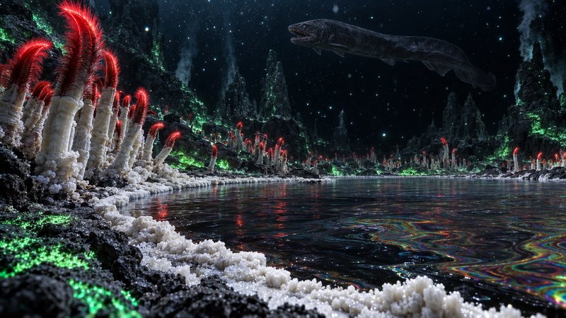 Alien abyssal landscape with glowing red tube worms and a giant eel-like creature hovering over iridescent water