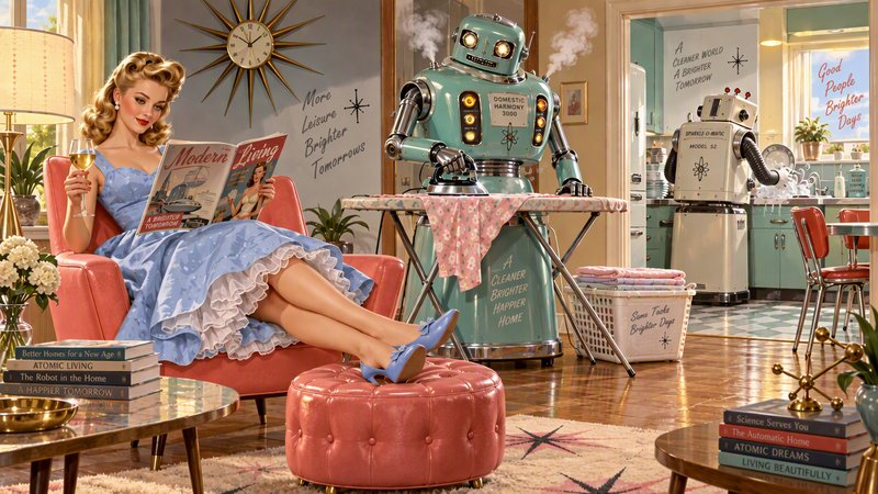 1950s pinup housewife relaxes as retro atomic age robots complete housework in a midcentury home