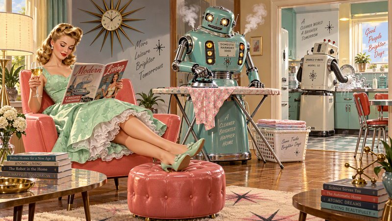 1950s housewife relaxes with wine as retro futuristic robots complete housework in a midcentury home