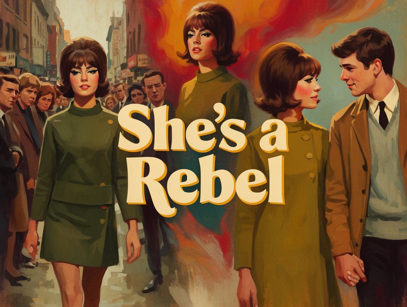 1960s retro pulp illustration displaying "She's a Rebel" text over a mod city street scene
