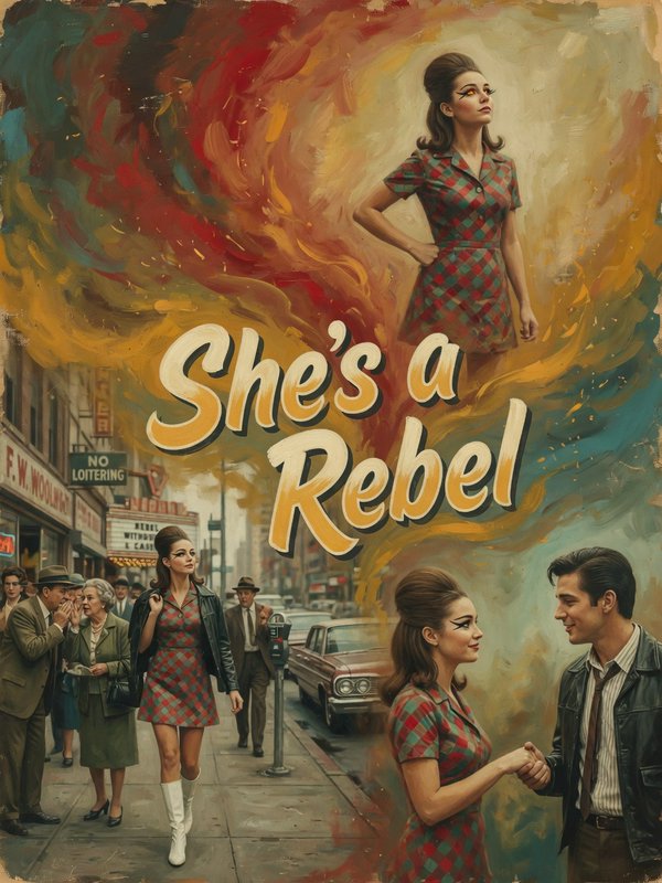 Retro 1960s pulp poster titled She's a Rebel showing a mod woman in checkered dress across three narrative street poses