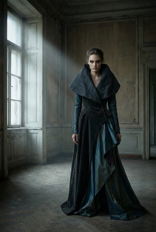 Woman in a dramatic dark floor-length gown stands in a decaying antique room lit by sunbeams from a tall window