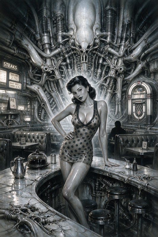 Glamorous 1950s pin-up woman leaning on a retro diner counter inside a surreal biomechanical alie...