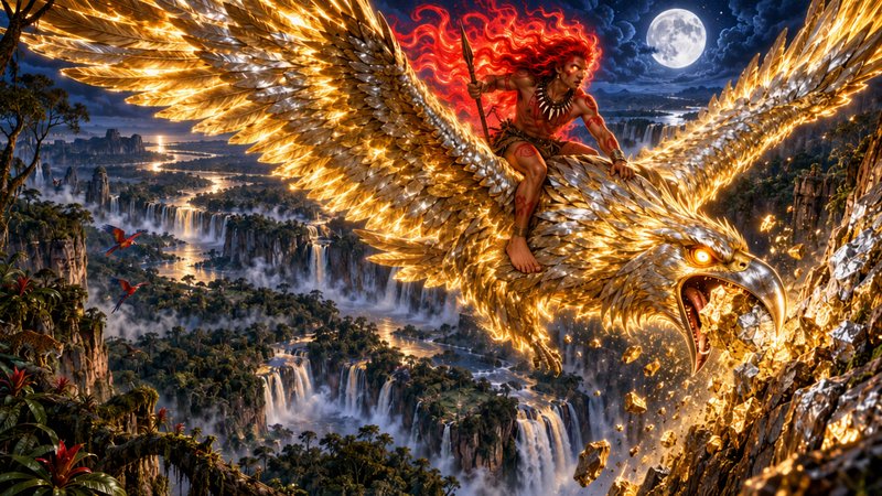 Fiery tribal warrior rides a giant glowing golden eagle above a misty waterfall rainforest under ...