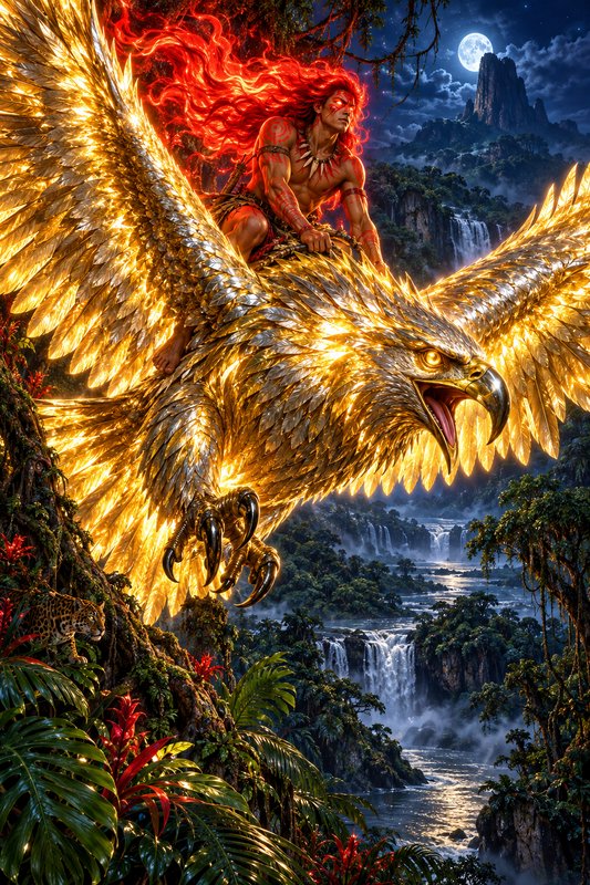 Fiery red-haired warrior riding a glowing golden eagle over a moonlit jungle waterfall landscape