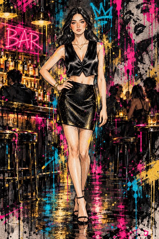 Glamorous woman in a black leather outfit poses confidently in a vibrant neon graffiti-style bar