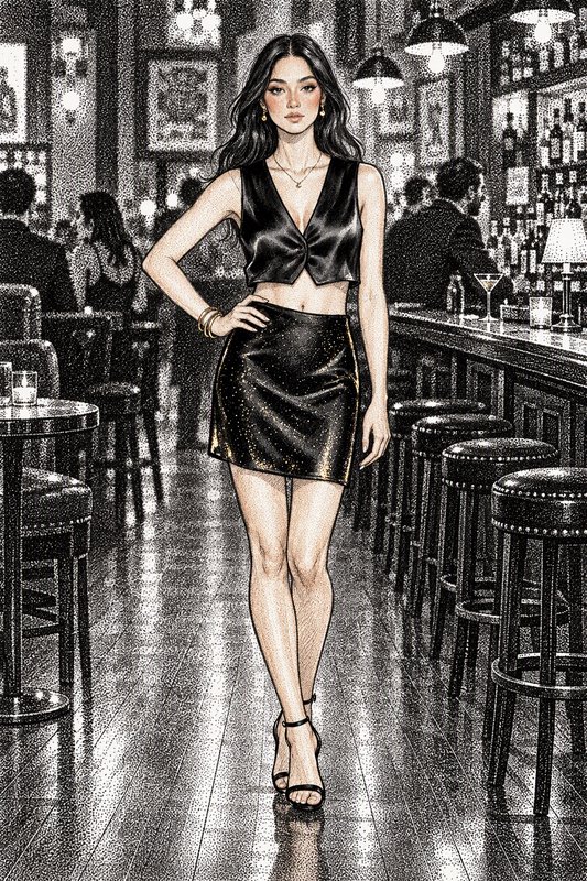 Stylish woman in a black two-piece evening outfit poses confidently inside a dim upscale cocktail...
