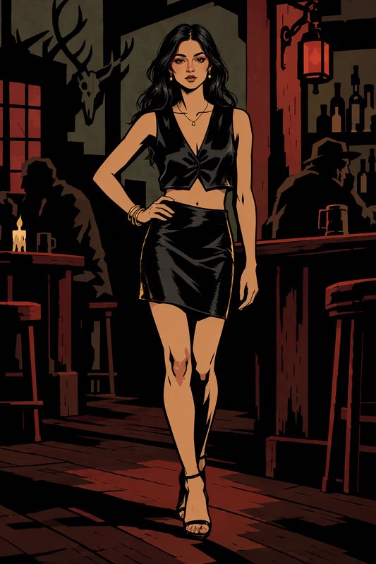 Confident stylish woman in a black leather outfit stands in a dim rustic vintage saloon