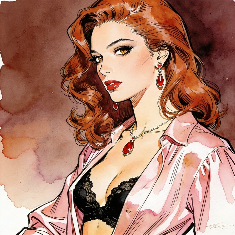 Watercolor portrait of a glamorous curly red-haired woman wearing matching ruby jewelry