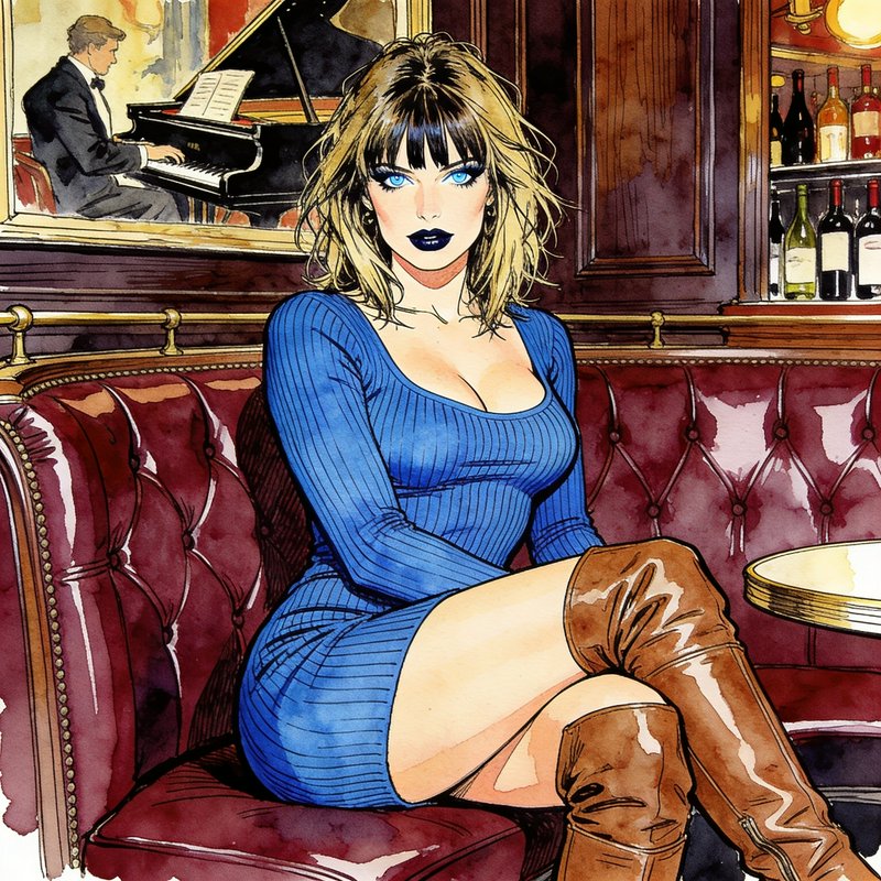 Stylized blonde woman in a blue mini dress sits on a tufted leather booth in a classic piano bar