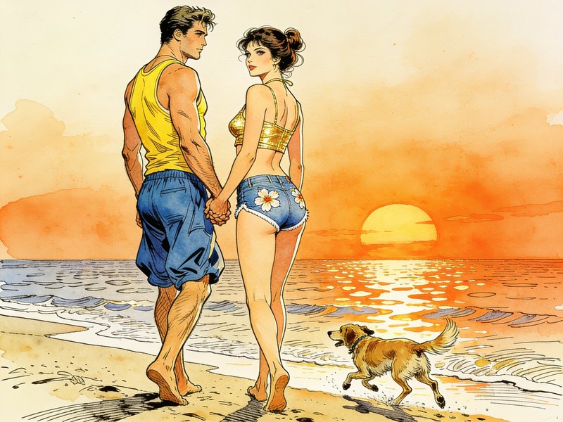 Couple holding hands on a sandy beach at sunset, small dog running along the shore beside them