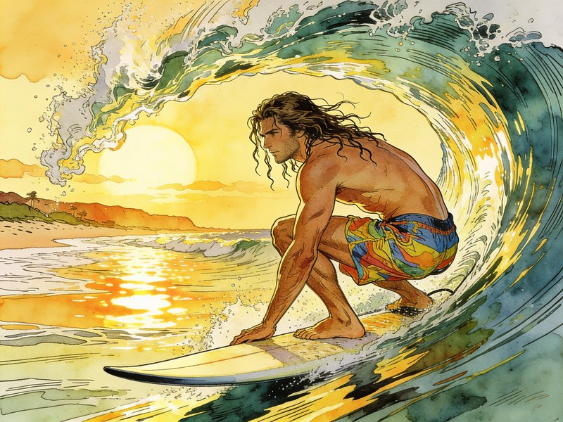 Long haired male surfer rides a curling barrel wave at a glowing golden sunset beach