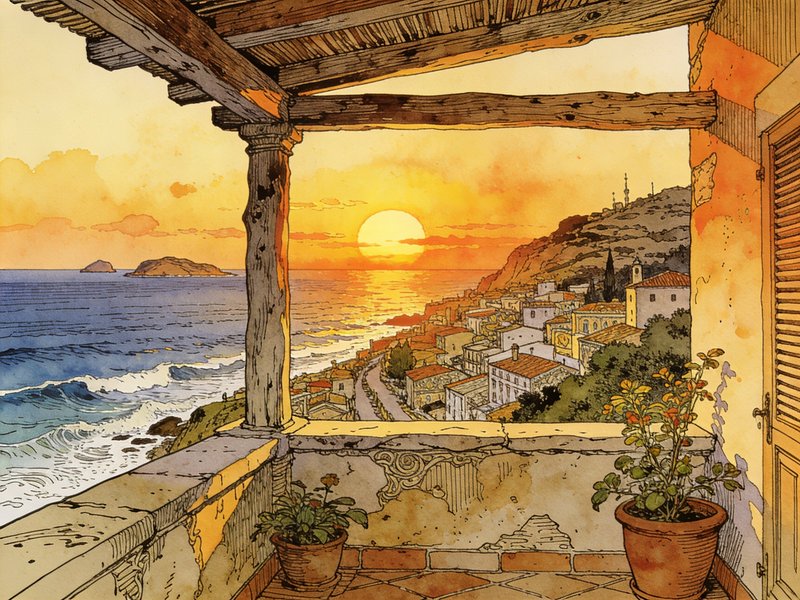 View from a weathered Mediterranean balcony overlooking a coastal village at golden ocean sunset