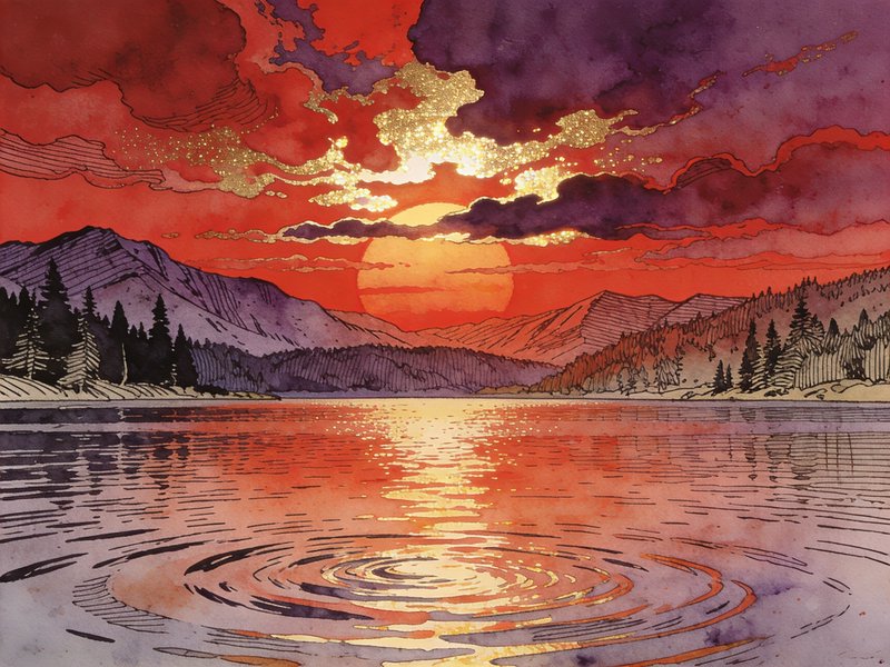 Fiery red and purple sunset over mountain lake with rippling reflective water and glittering gold...
