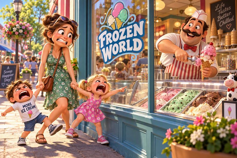 Stressed mother holds hands of two screaming children begging for treats outside a sunny neighbor...