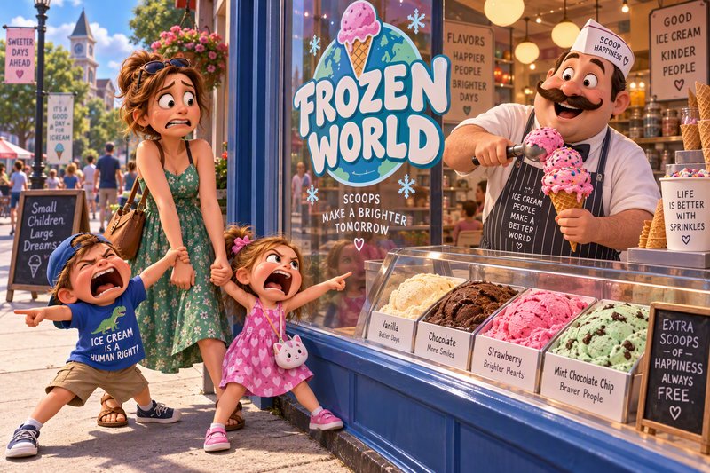 Frazzled mom struggles to hold back two screaming tantruming kids begging for ice cream at a sunn...