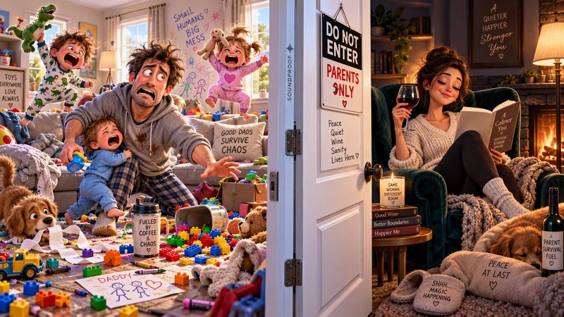 Split view of overwhelmed dad in messy chaotic playroom next to calm relaxed mom in quiet parent-...