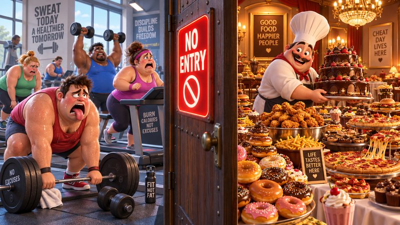 Tired sweating gym members look longingly at a lavish cheat meal spread on the other side of a door