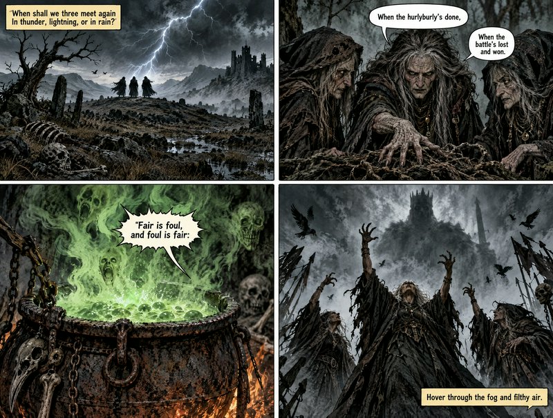 Four panel comic adaptation of Shakespeare's Macbeth showing the three witches and their cursed b...