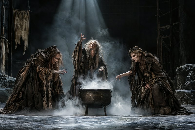 Three Macbeth weird sisters gather around a steaming cauldron in a misty dark theatrical scene
